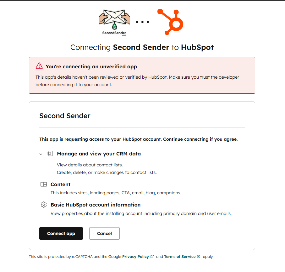 HubSpot permissions review — click Connect app