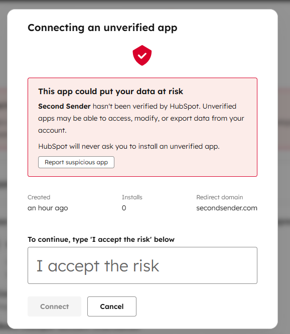 HubSpot unverified app warning — type I accept the risk